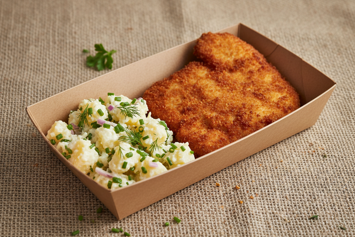 A Chicken schnitzel with fresh potato salad in a rectangle brown container with a hessian background