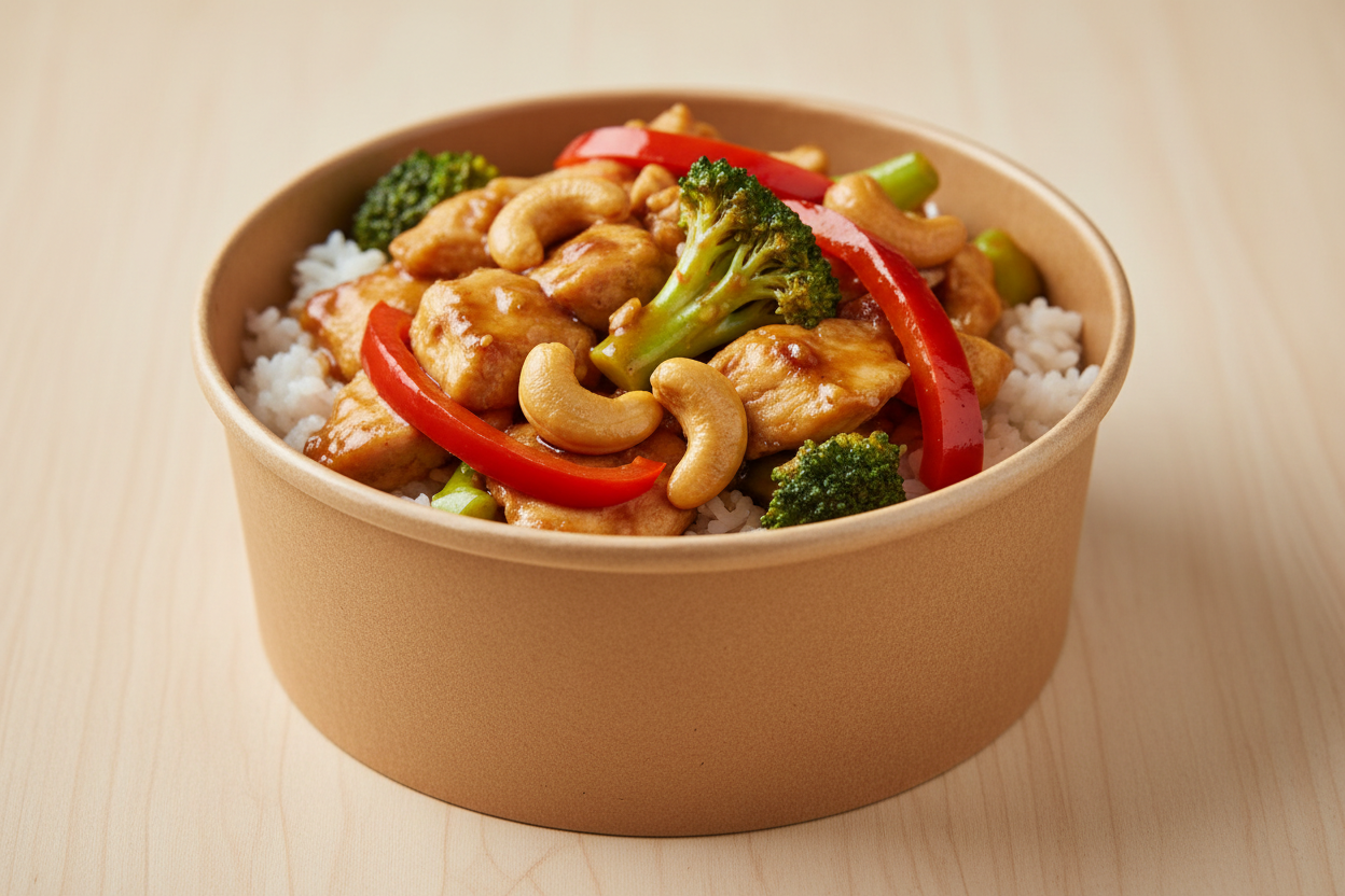 chicken and cashew stirfry with broccoli and red capsicum on white rice served in a kraft cardboard brown bowl