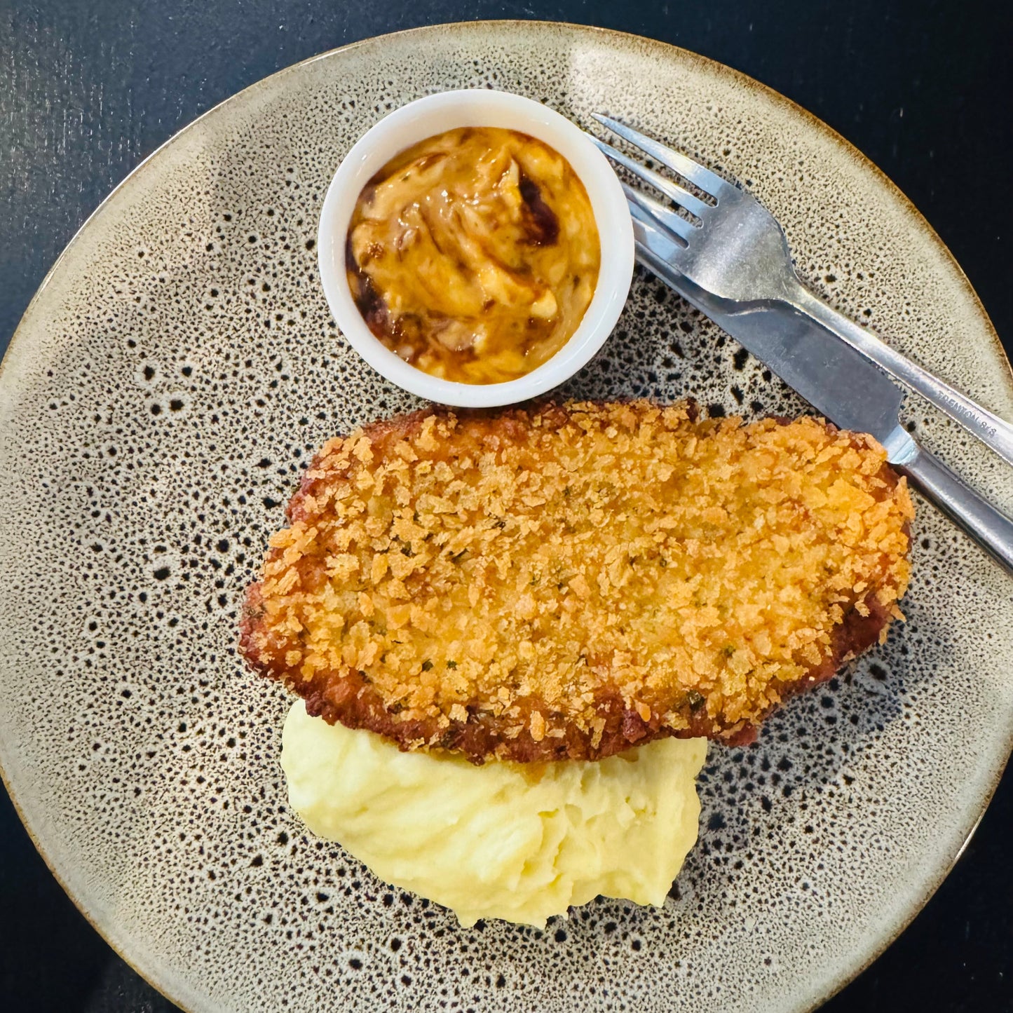 Chicken Schnitzel with Mash and BBQ Aioli