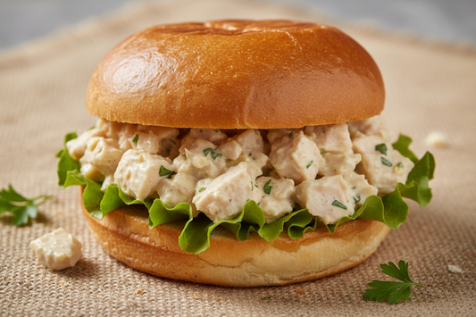 Chopped chicken and mayonaise, lettuce on a brioche bun with a hessian background