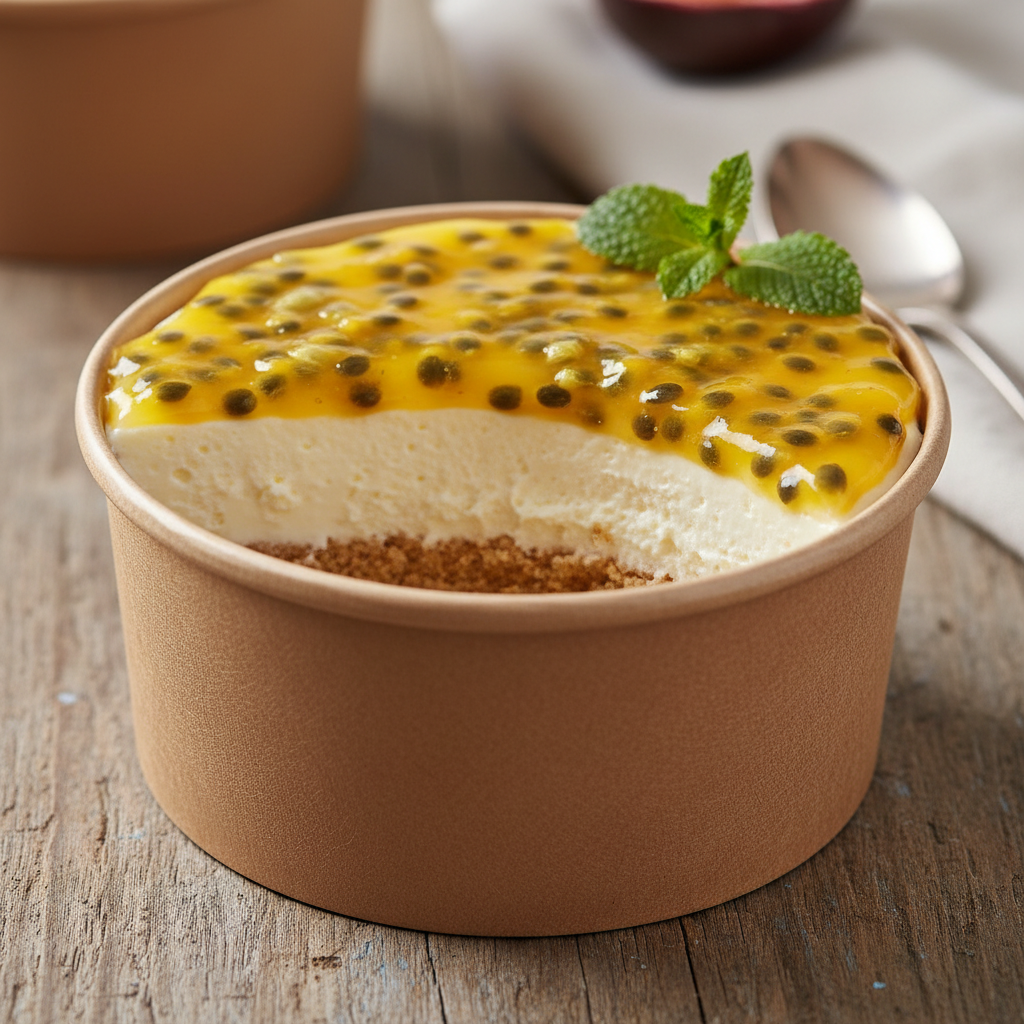 layered passionfruit cheesecake in kraft bowl