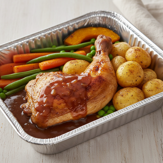 roast chicke maryland in foil tray with gravy, roasted baby potatoes, roasted carrot, pumpkin, peas and beans